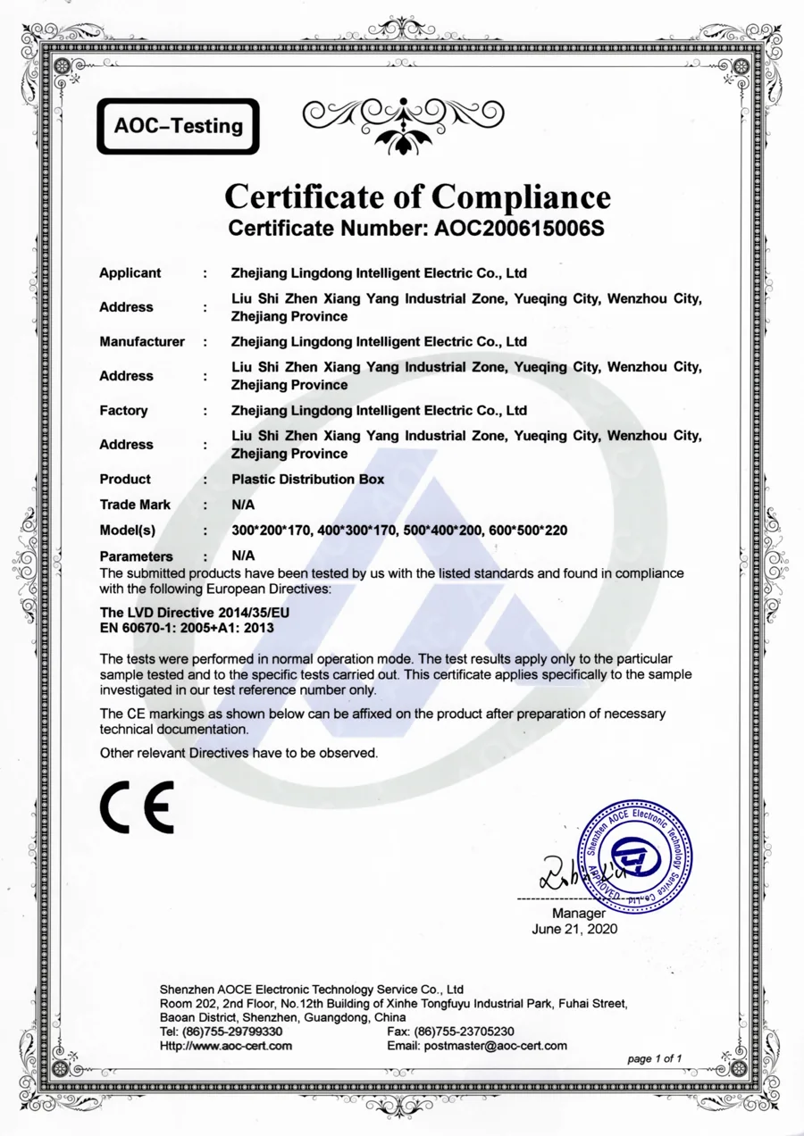 CE certificate for plastic distribution box