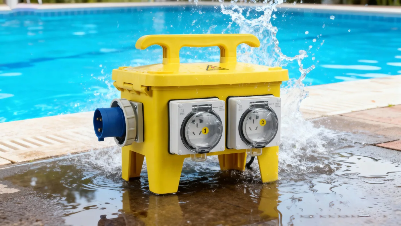 Waterproof portable power box near a pool